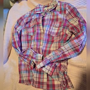 Pink Blue White Plaid Snap Long Sleeve Pocketed Top Size L by Ci Sono
